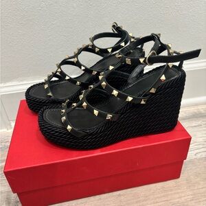 Valentino Black Studded Wedge Sandals